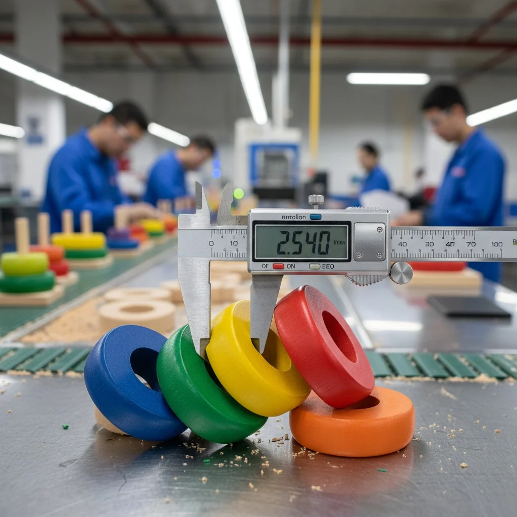 Colorful wooden stacking rings being measured with a digital caliper in a factory
