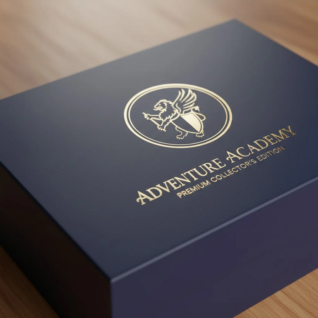 A high-quality, matte-finish toy box with a logo that is both embossed and has a metallic gold foil stamp.