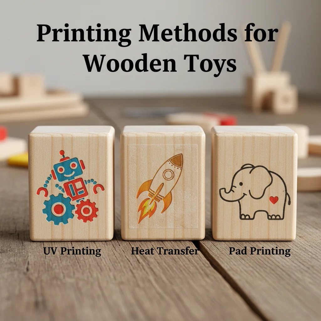 A close-up of three different wooden blocks, each showing a different printing style: UV, heat transfer, and pad printing.