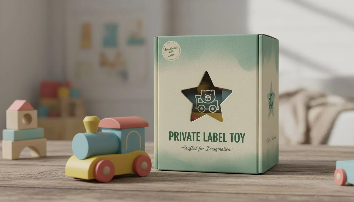 Private Label Toy and Packaging Custom wooden toy next to its beautifully designed, branded packaging