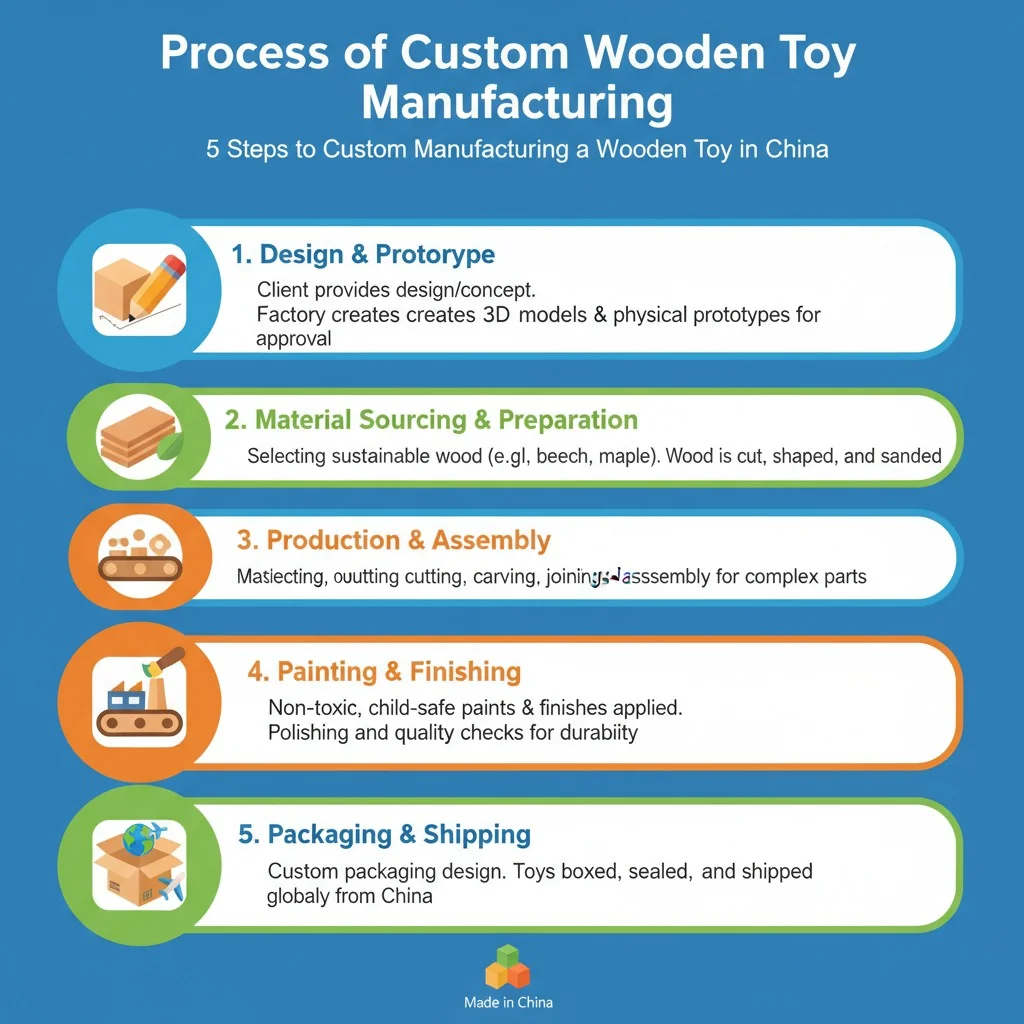 An infographic showing the 5 steps to custom manufacturing a wooden toy in China.