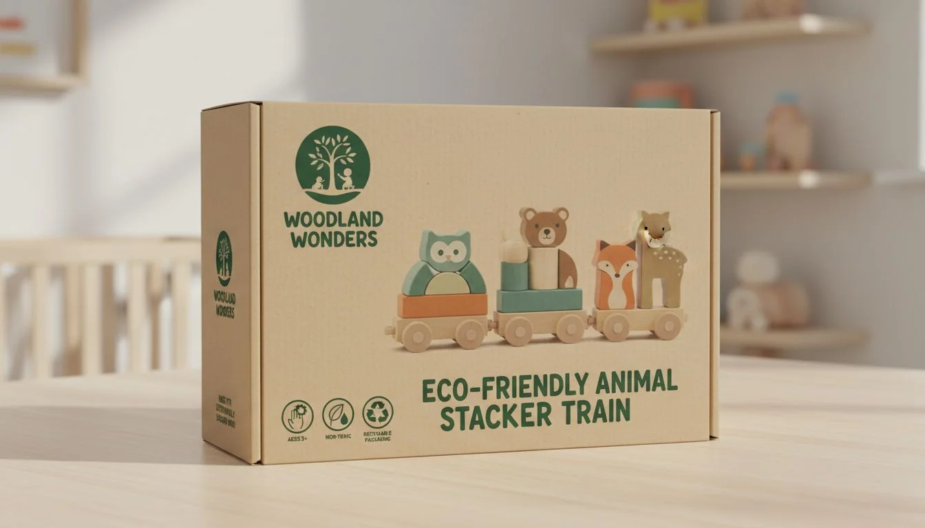 A well-designed cardboard box for a wooden toy, showing branding, an image of the toy, and safety icons.