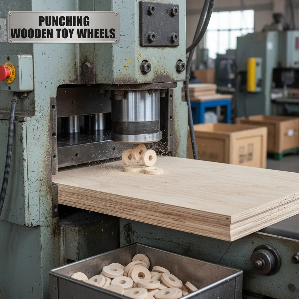 An industrial punching machine pressing out small wooden circles from a sheet of plywood.