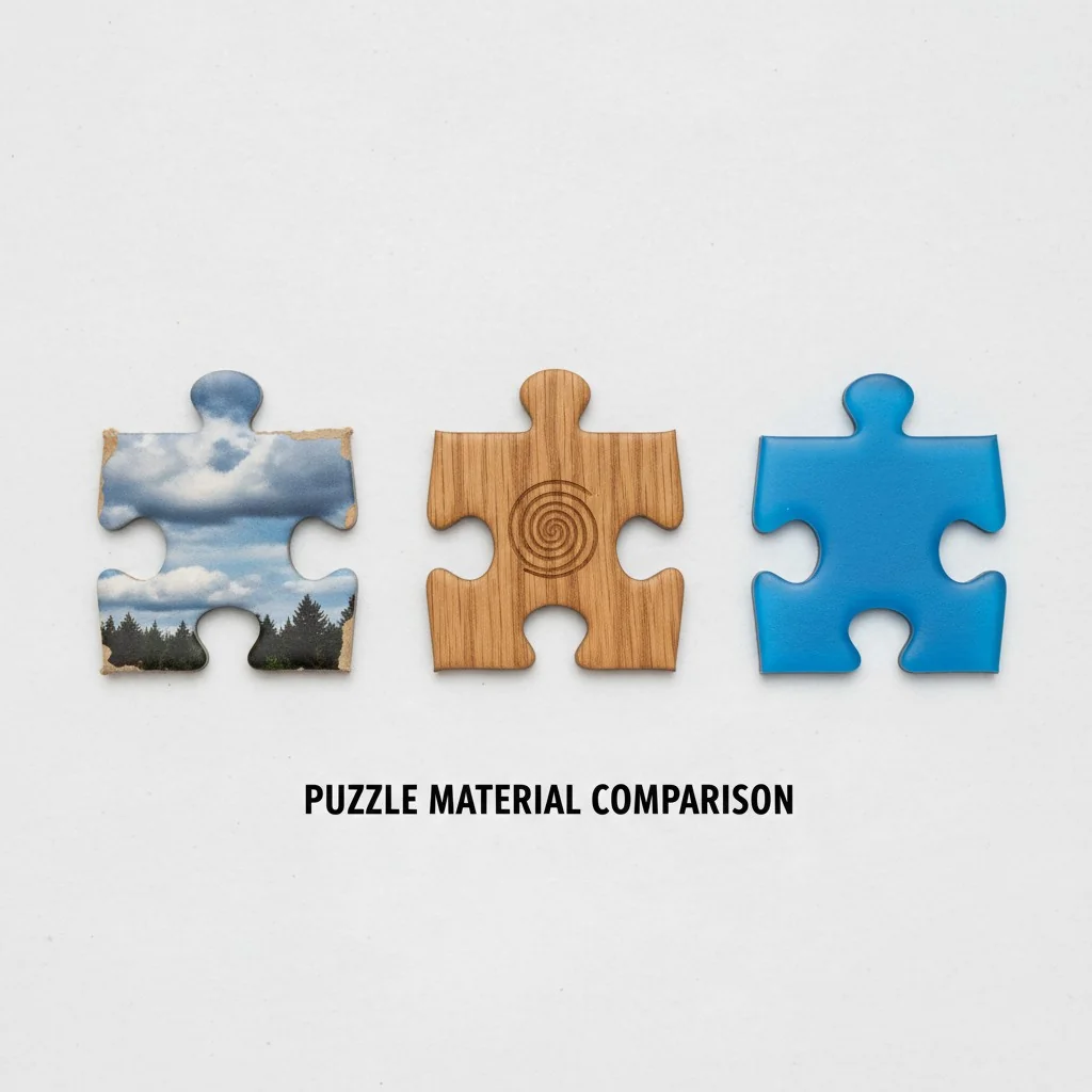 A comparison shot of three puzzle pieces: one cardboard, one wood, one plastic