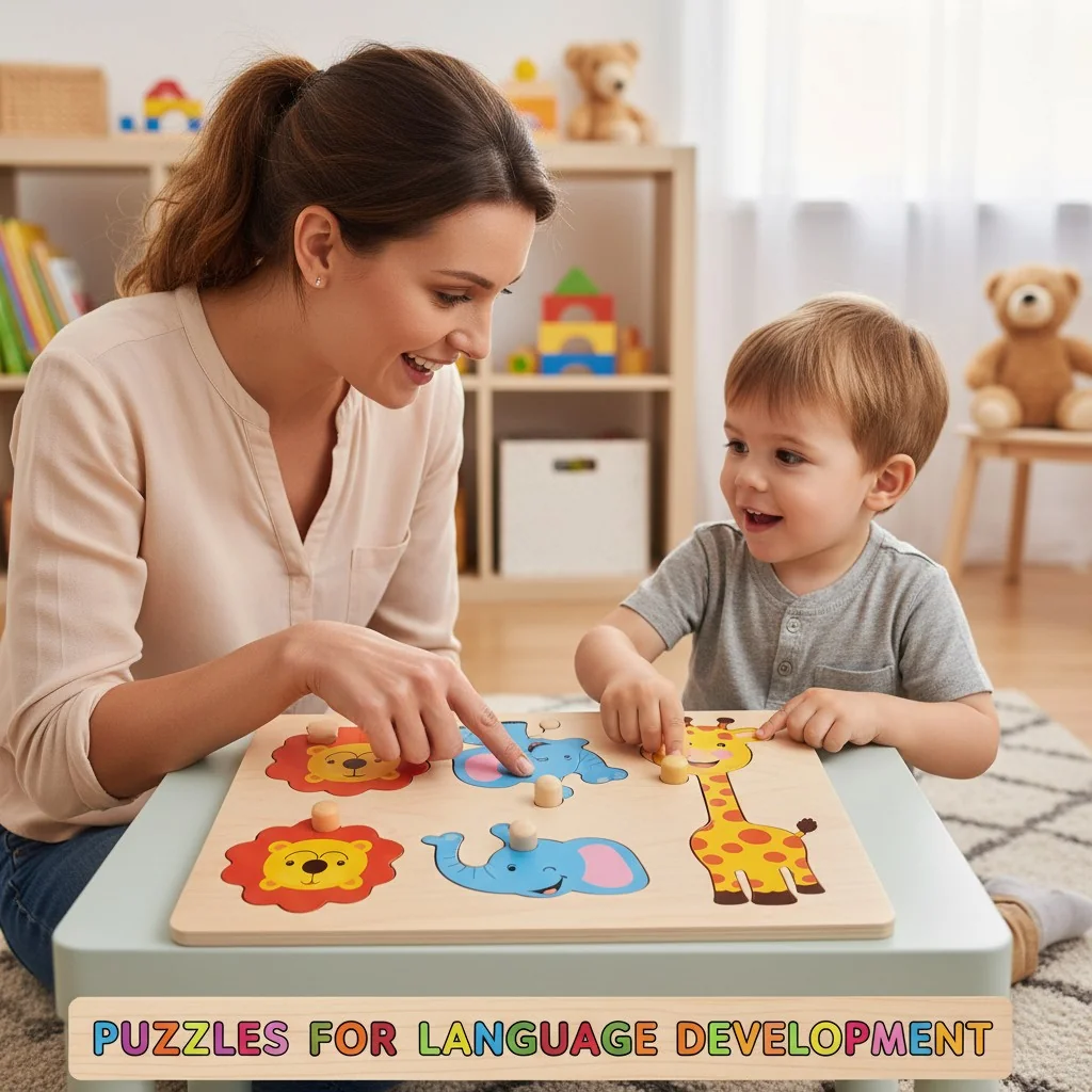 A parent and child talking and pointing at a colorful wooden puzzle with animal characters.