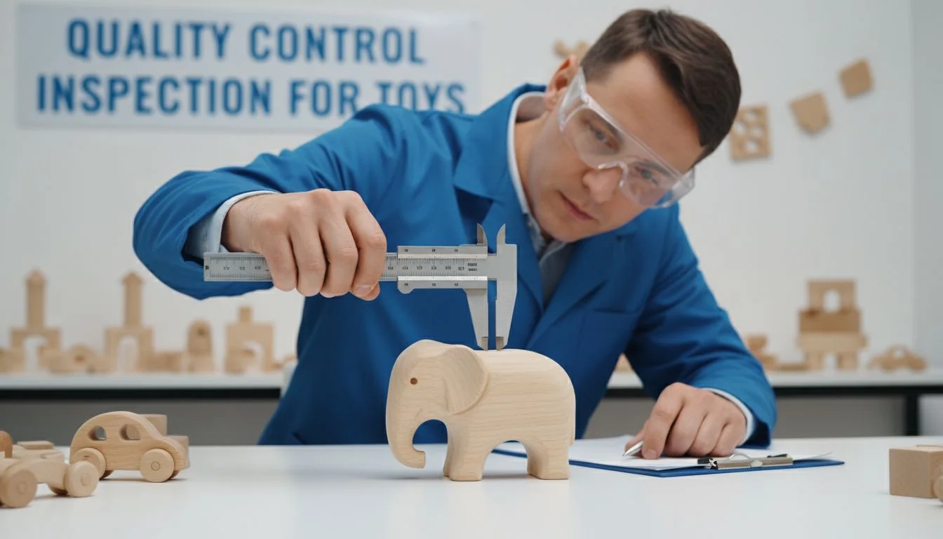 Quality Control Inspection for Toys An inspector measuring a wooden toy with calipers as part of a quality control check.