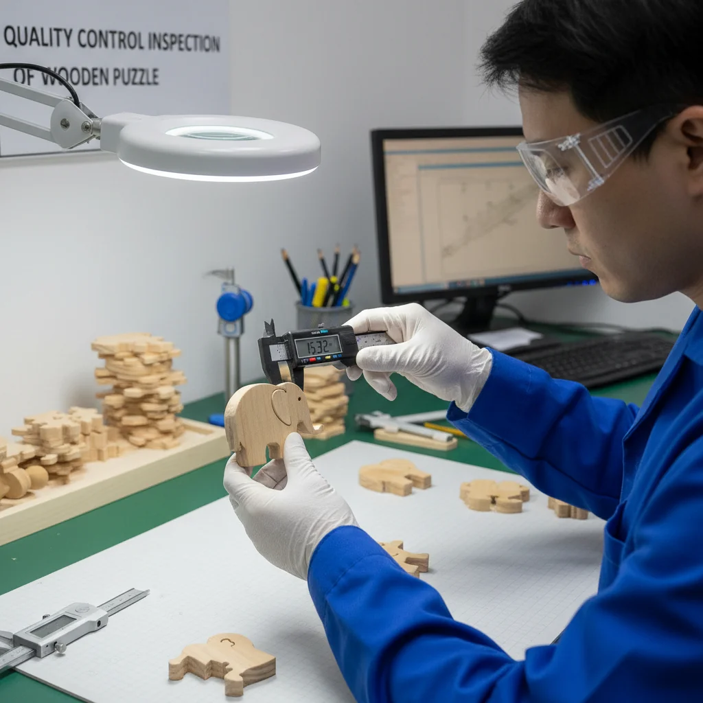 A quality control inspector using a caliper to measure the dimensions of a wooden puzzle piece.