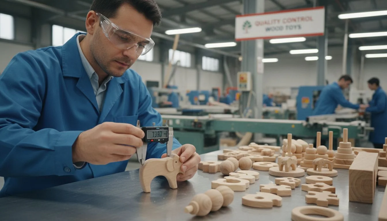 Quality Control for Wood Toys An inspector measuring a wooden teether with calipers in a factory setting