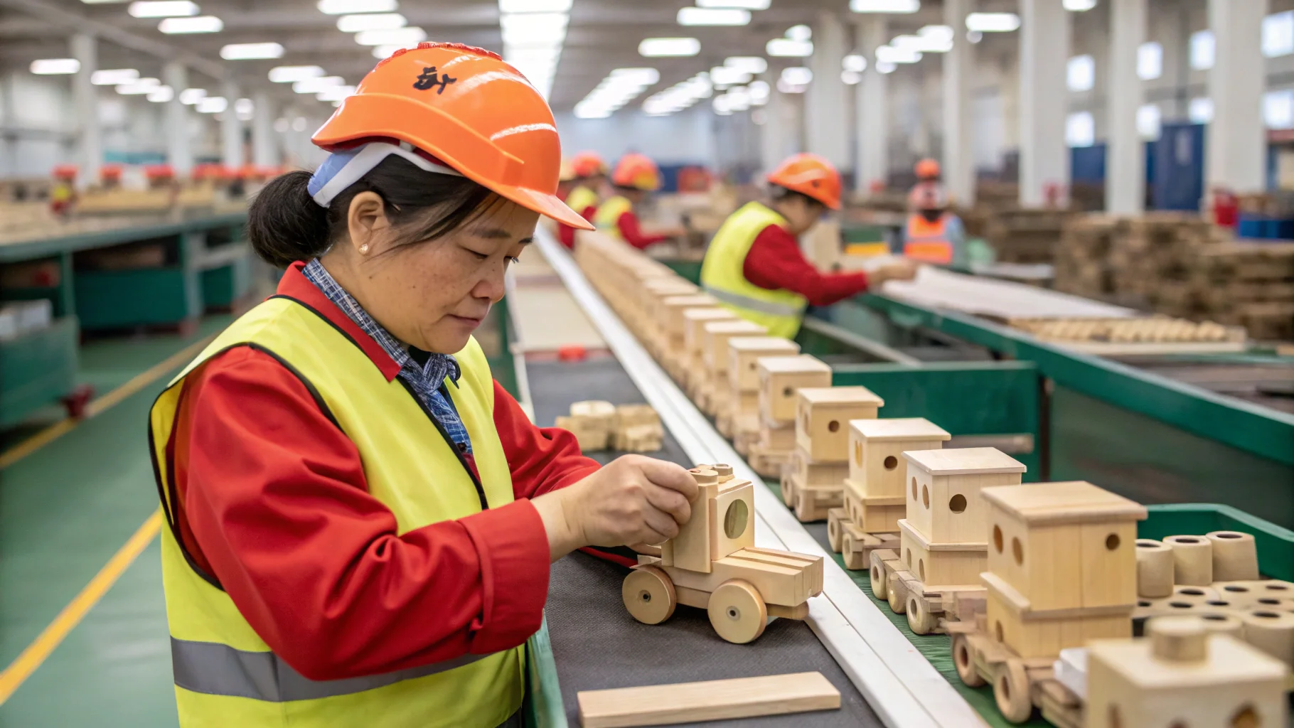 A quality control inspector checking a wooden toy on a production line