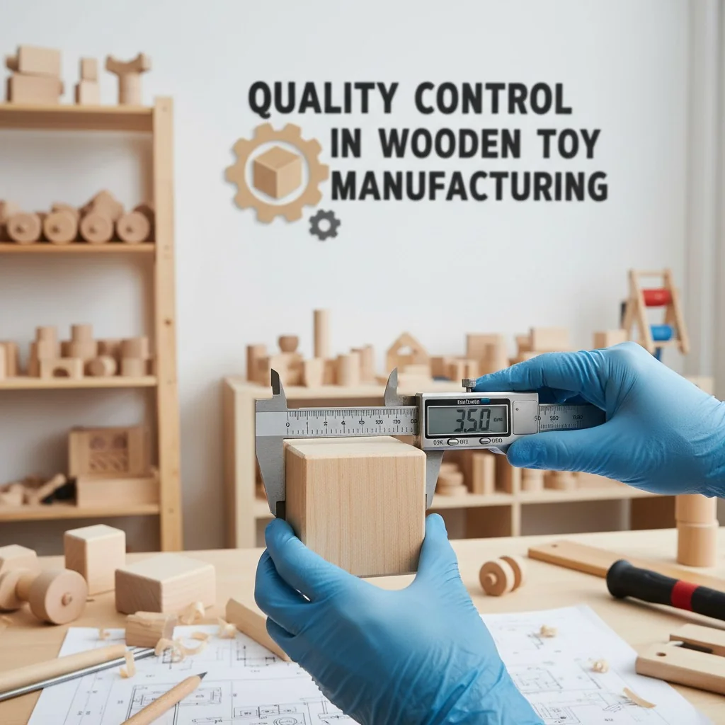A close-up shot of a quality inspector measuring a wooden toy block with calipers in a workshop.