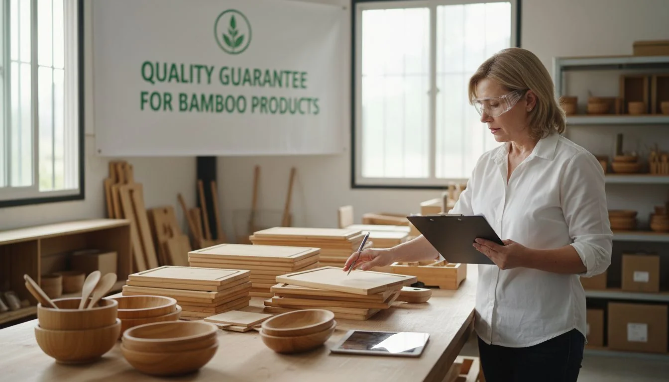 An inspector with a clipboard checking bamboo products against a list.