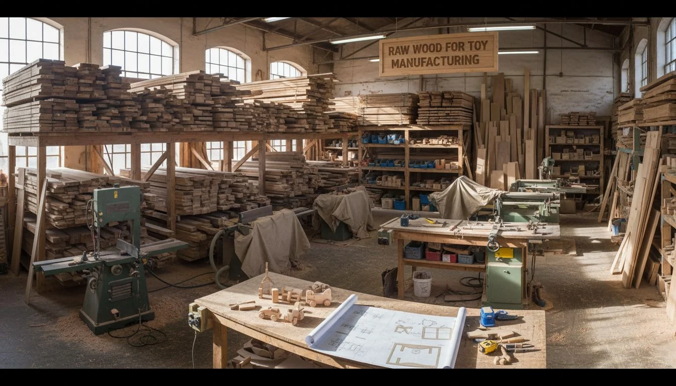 Raw Wood for Toy Manufacturing Stacks of raw lumber in a workshop, ready to be processed into toys