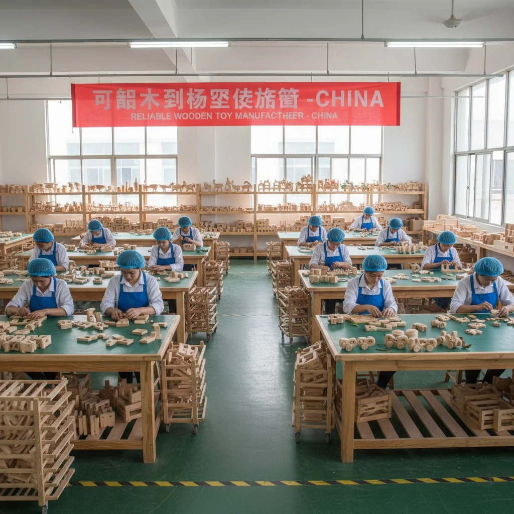 An image of a clean, well-organized wooden toy factory in China, with workers assembling toys.