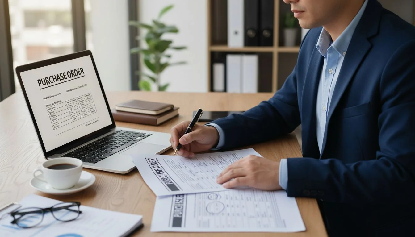 Reviewing a Purchase Order Person on a laptop reviewing a formal purchase order document