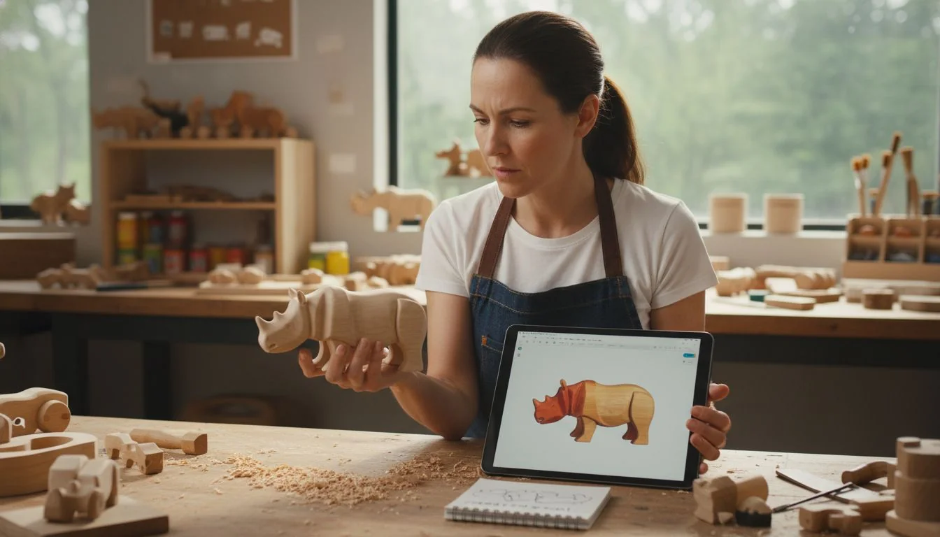 Reviewing a Toy Sample A designer comparing a pre-production sample of a wooden toy to the 3D design on a tablet.