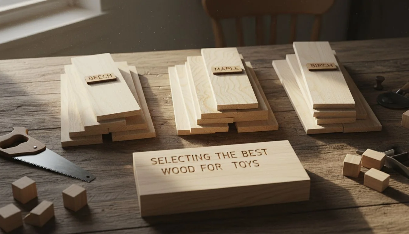 Selecting the Best Wood for Toys Different types of wood samples, labeled Beech, Maple, Birch