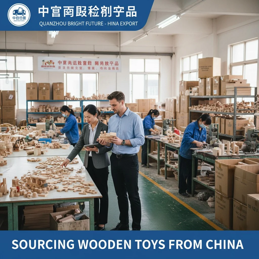 A sourcing agent and a client inspecting wooden toy samples in a Chinese factory.