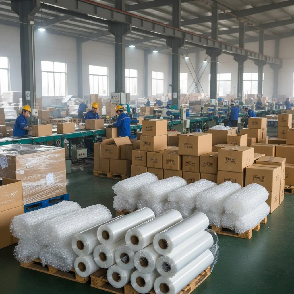 Various packaging materials like OPP bags, bubble wrap, and plain kraft boxes at a factory in China.