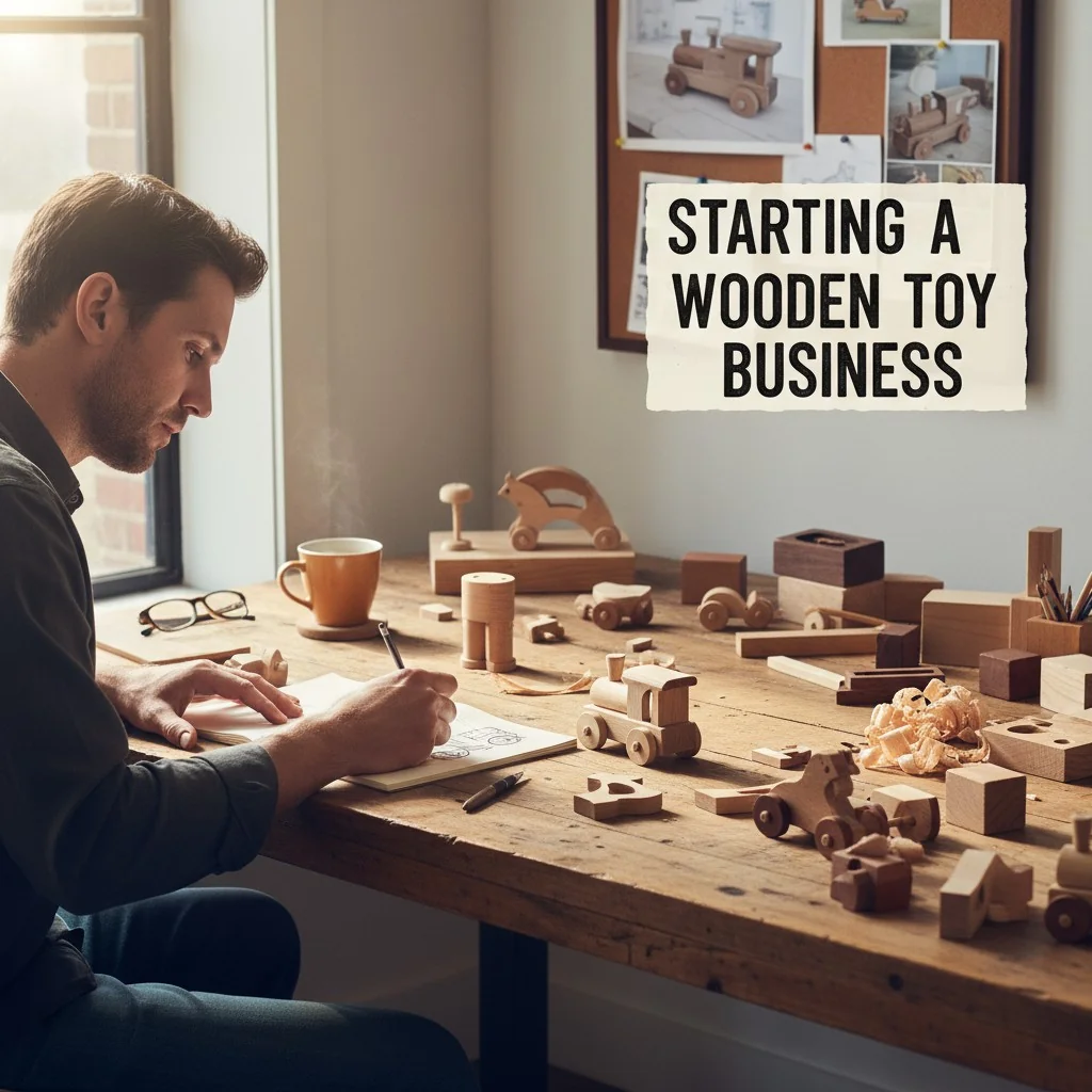 A person sketching a new wooden toy design at a desk with wood samples.