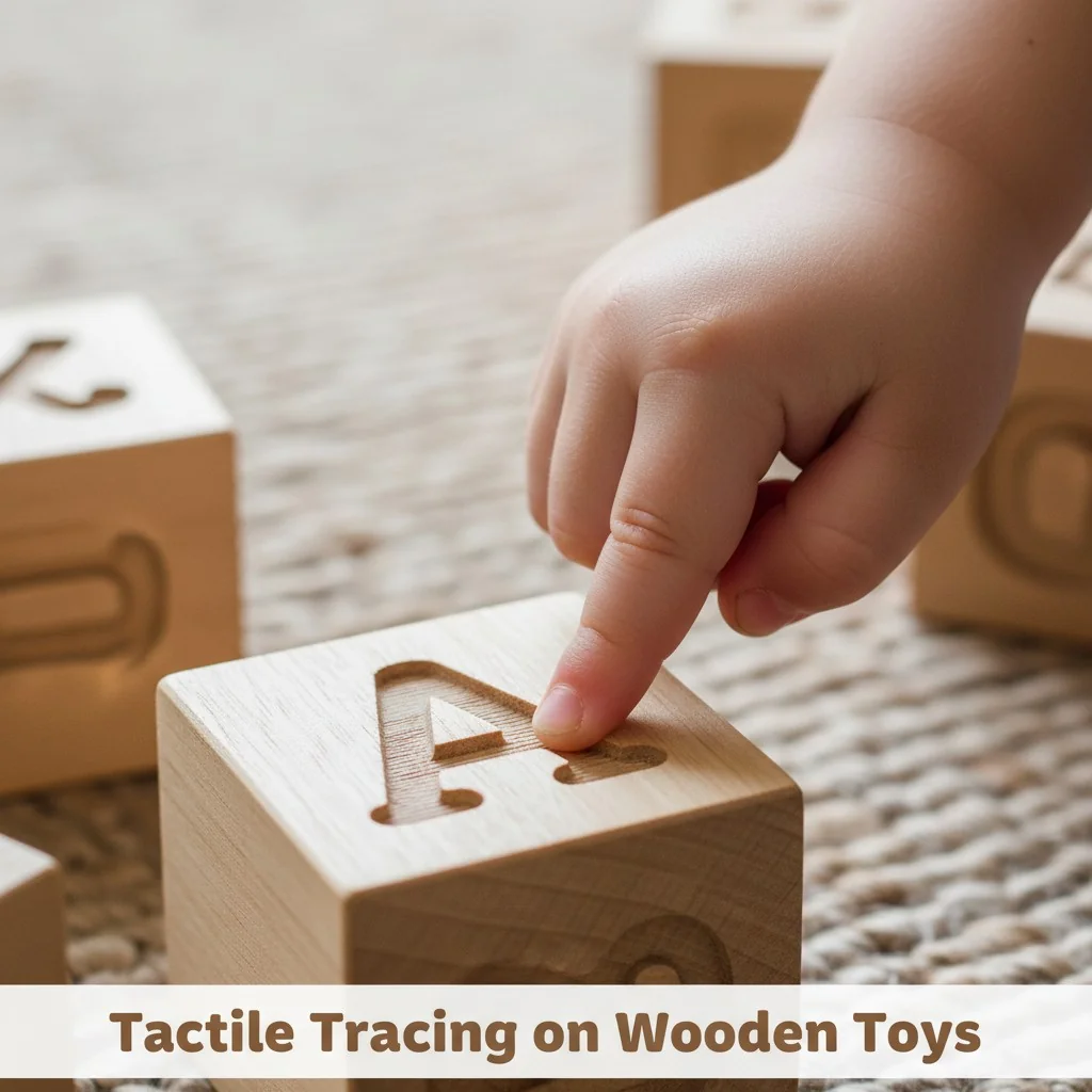 A close-up of a child's finger tracing the shape of a letter engraved into a wooden block.