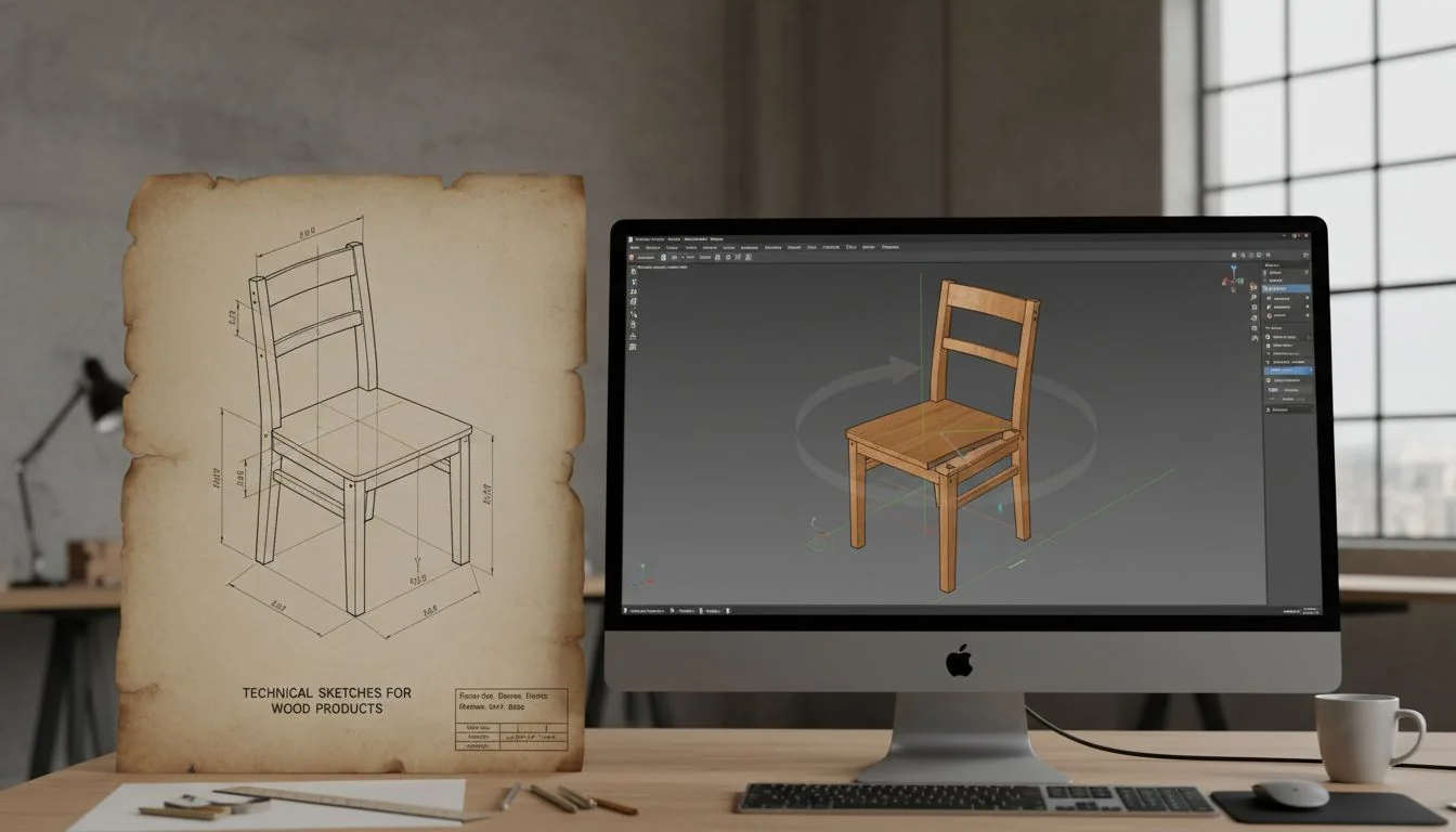 An engineering drawing of a wooden chair next to a 3D CAD model on a computer screen