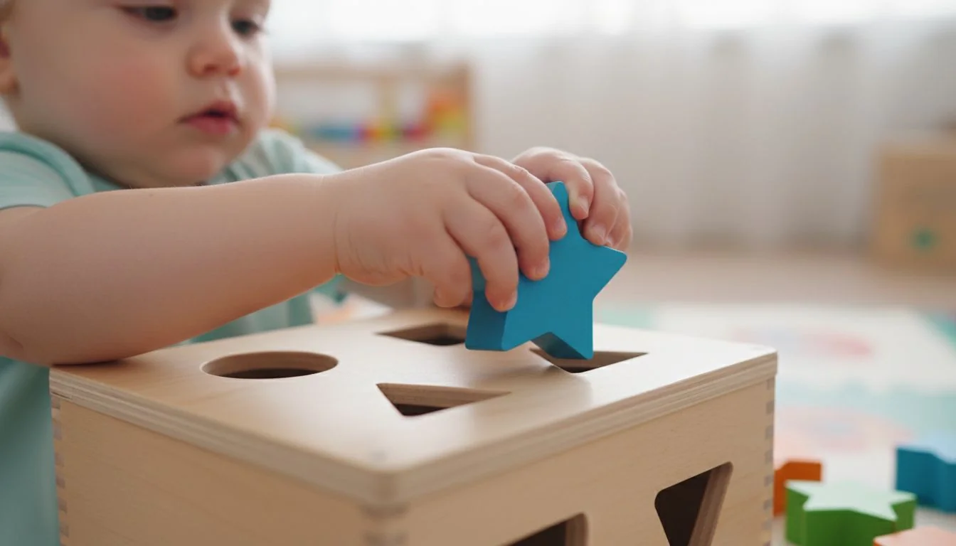 Close-up of a toddler's hands trying to fit a wooden shape into a sorter puzzle.