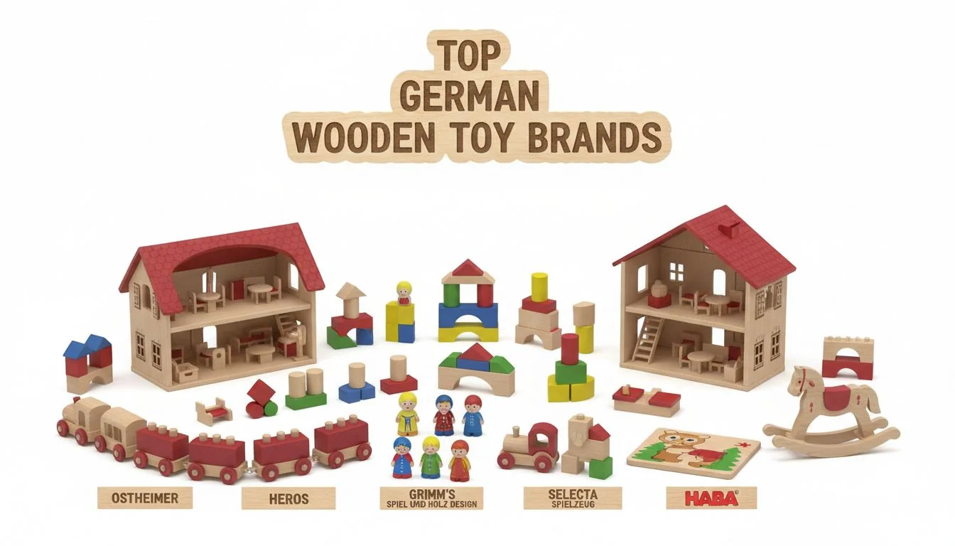 A collection of high-quality German wooden toys on a clean background