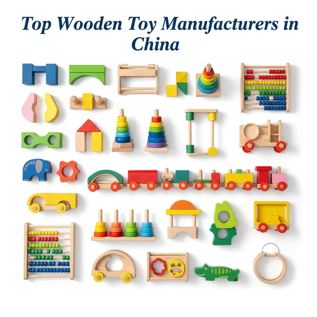 A colorful assortment of high-quality wooden toys on a clean background