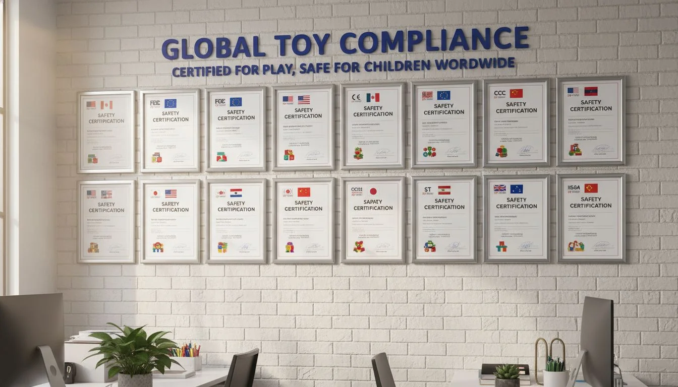 Toy Safety Certifications A wall with various international safety certificates for toys displayed in a factory office.