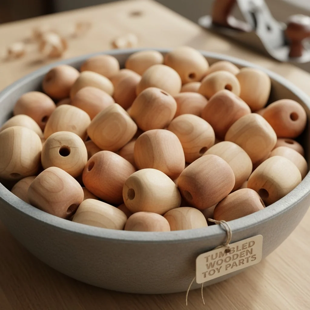 A bowl of smooth, tumbled wooden beads with a soft, matte finish