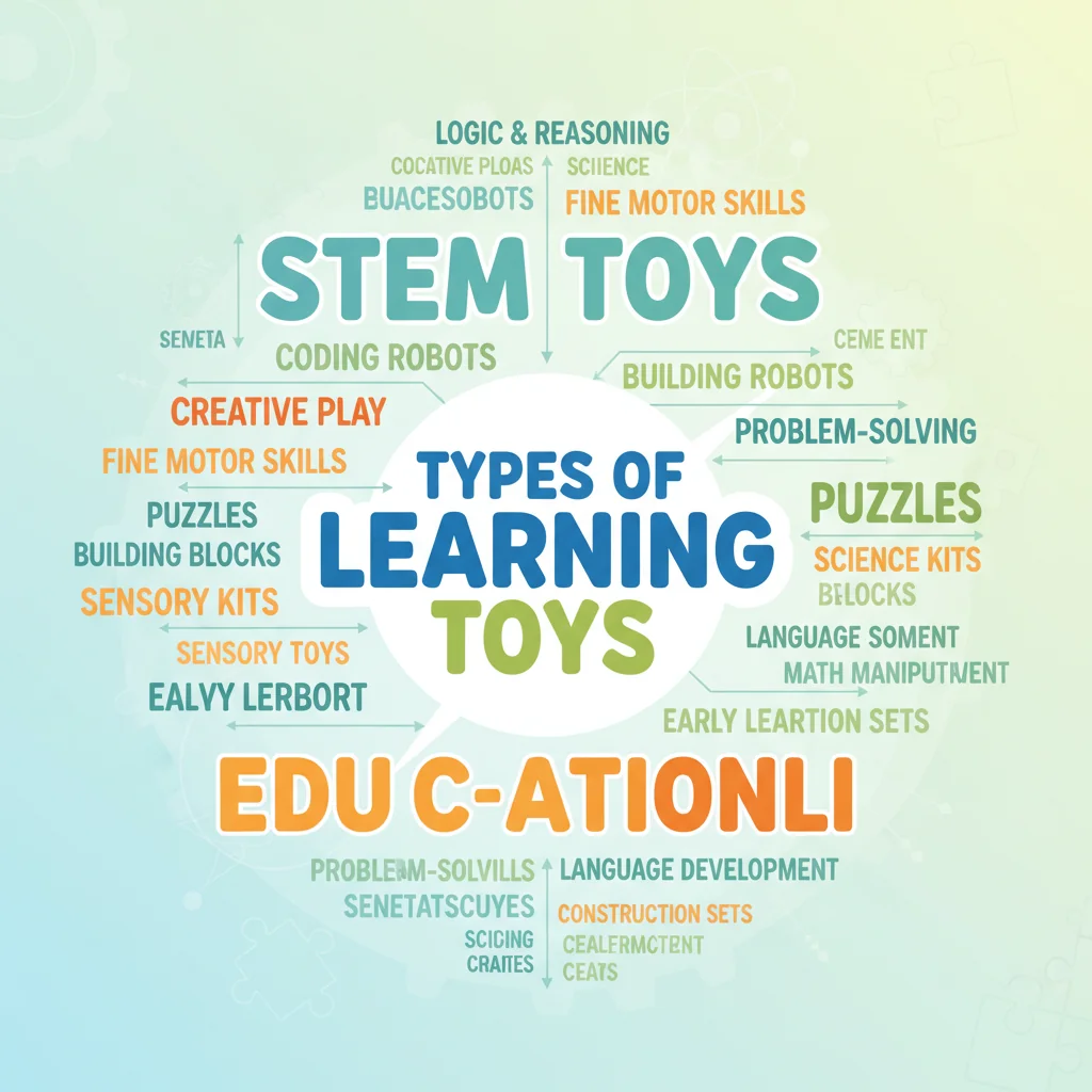 A diagram or word cloud showing different terms for learning toys like 'STEM', 'Montessori', 'Educational'.