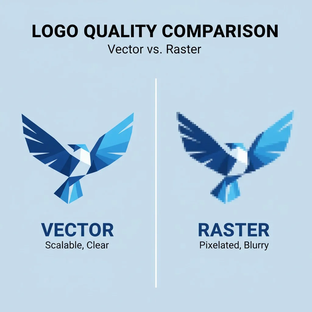 An image visually comparing a crisp, scalable vector logo on the left and a blurry, pixelated raster logo on the right.