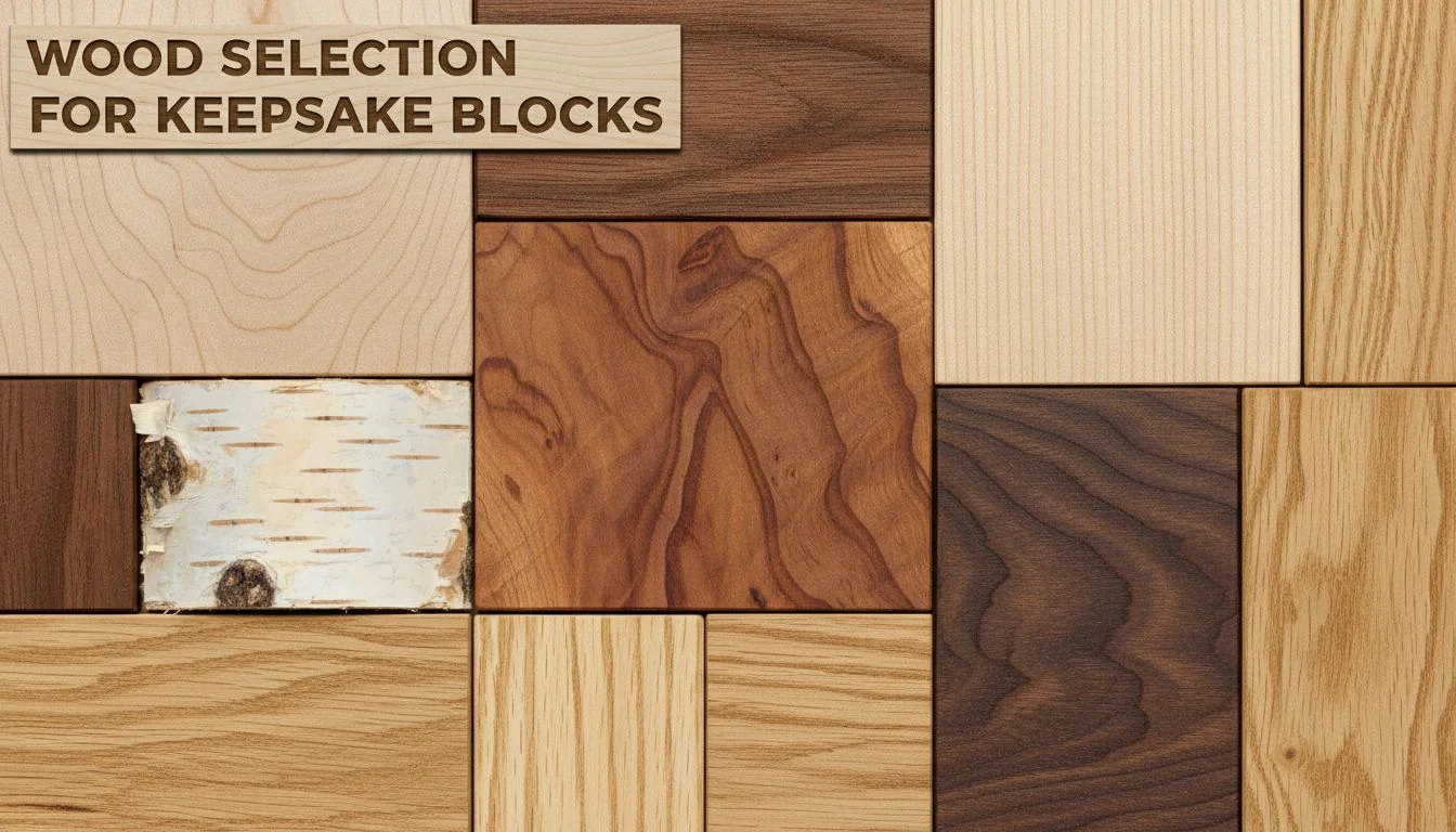 Wood Selection for Keepsake Blocks A collage of different wood types like maple, beech, and birch.