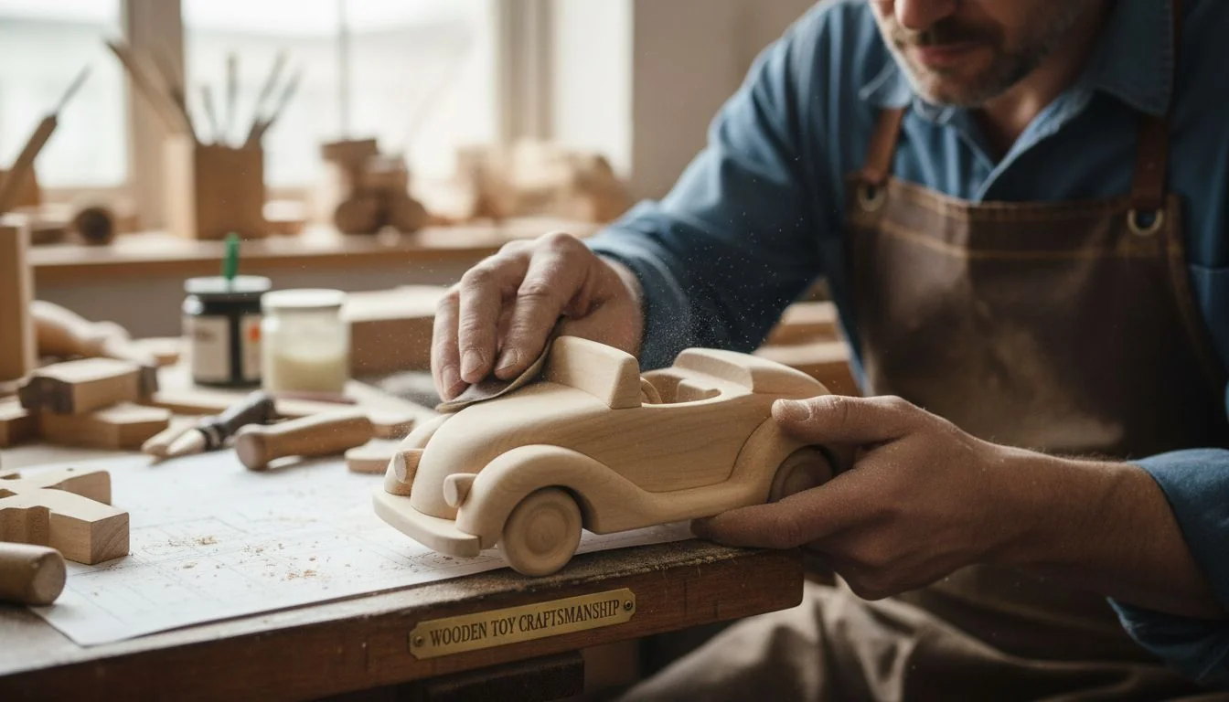 Wooden Toy Craftsmanship Close-up of a craftsman sanding a wooden toy car.