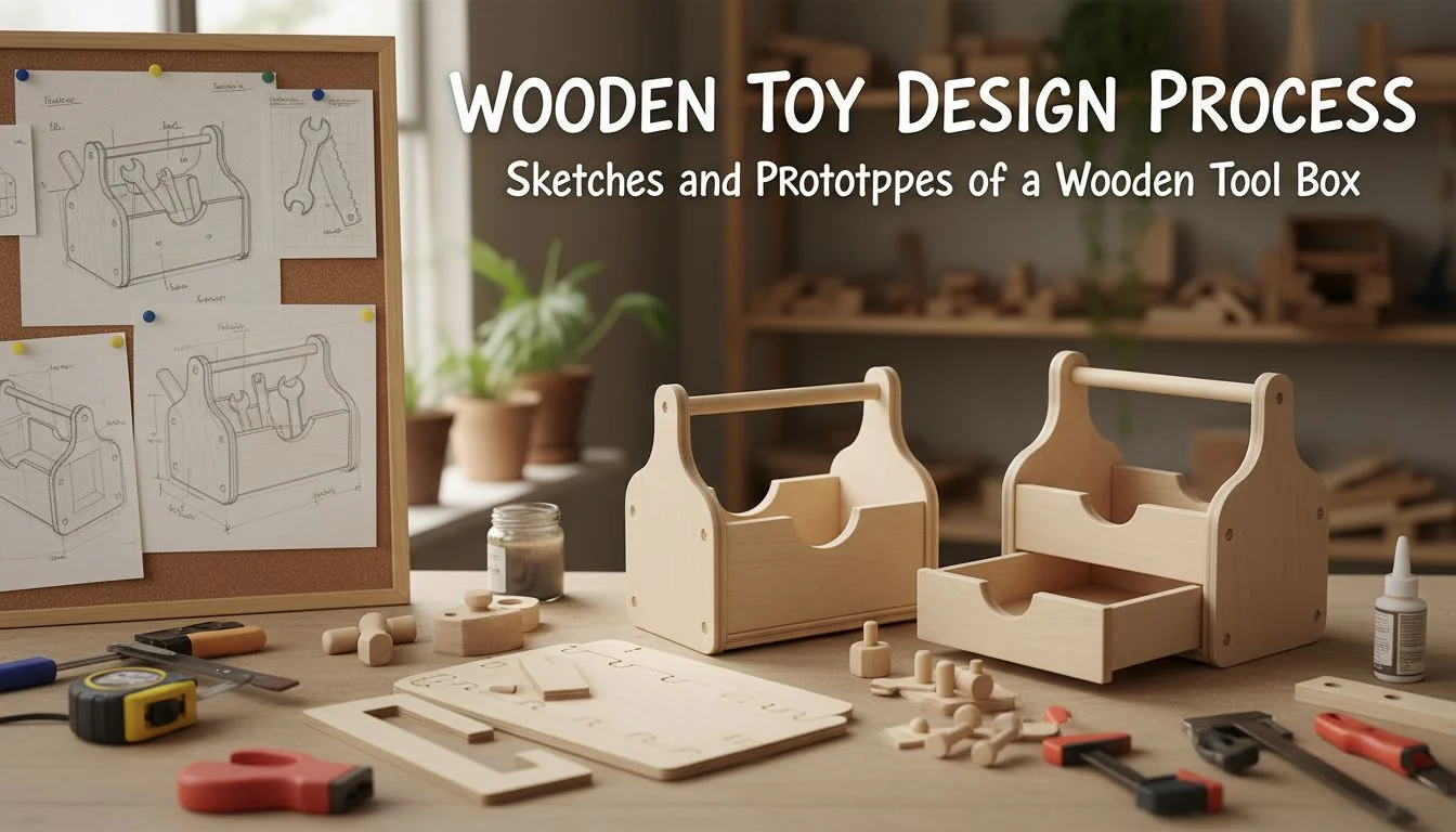 Sketches and prototypes of a wooden tool box