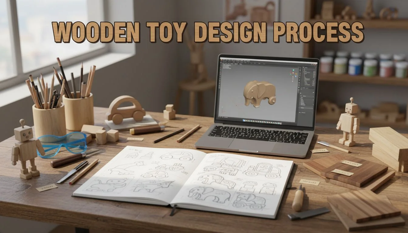 A designer's desk with sketches of wooden toys, wood samples, and a laptop.