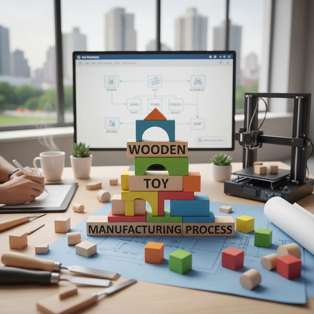 A colorful stack of wooden toy blocks on a designer's desk