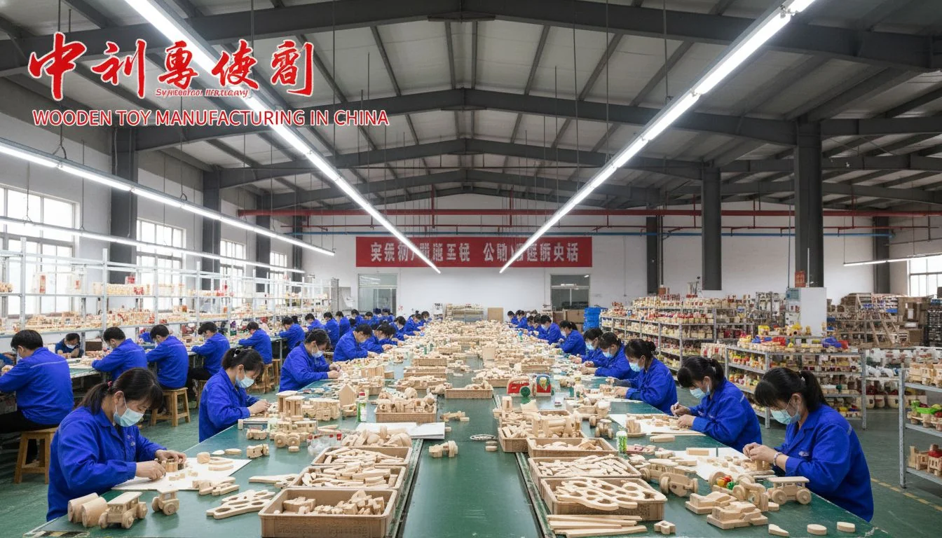 A factory assembly line with workers assembling wooden toys