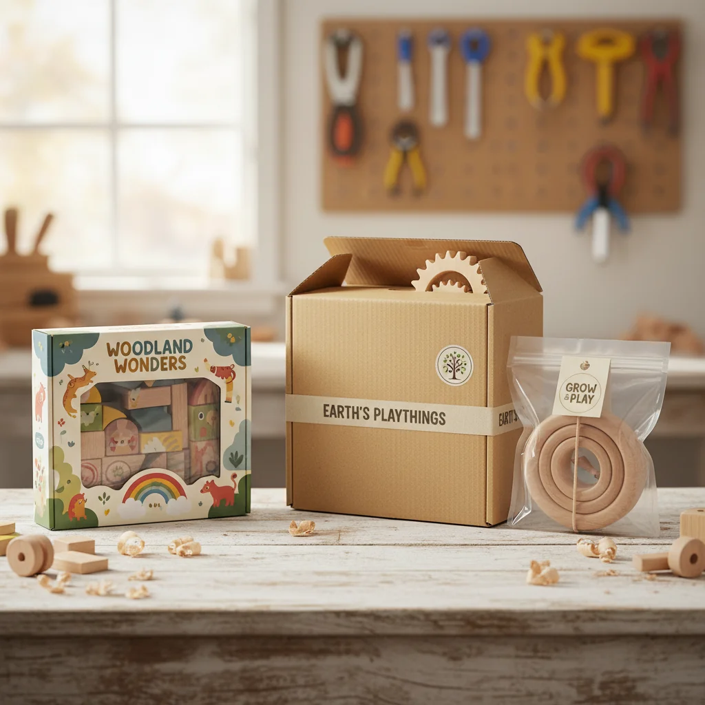 A collection of different toy packaging: a colorful retail box, a sturdy brown mailer box, and a simple polybag.
