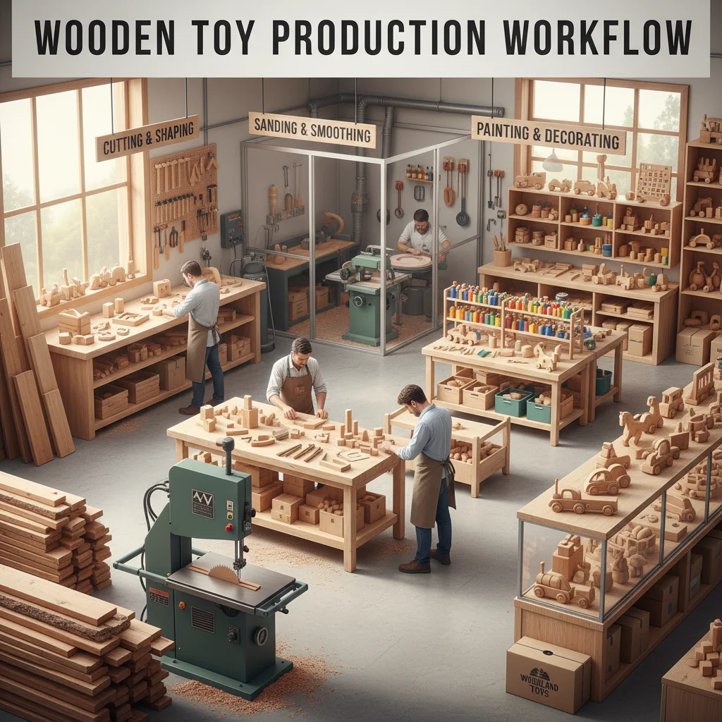 An organized workshop showing different stages of wooden toy production
