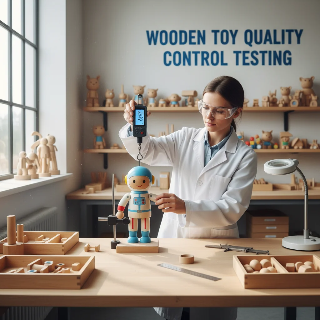 A quality control inspector using a tension gauge on a wooden toy's arm.