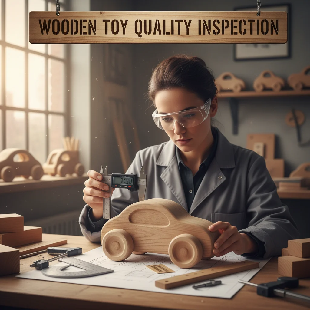An inspector using a gauge to check the dimensions of a wooden toy