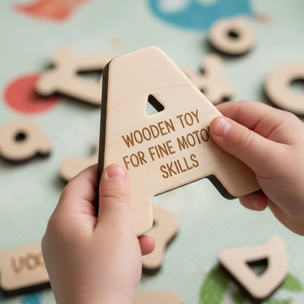 A child's hands holding a smooth wooden alphabet sign