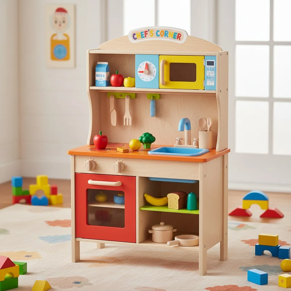A vibrant wooden play kitchen complete with wooden food and utensils