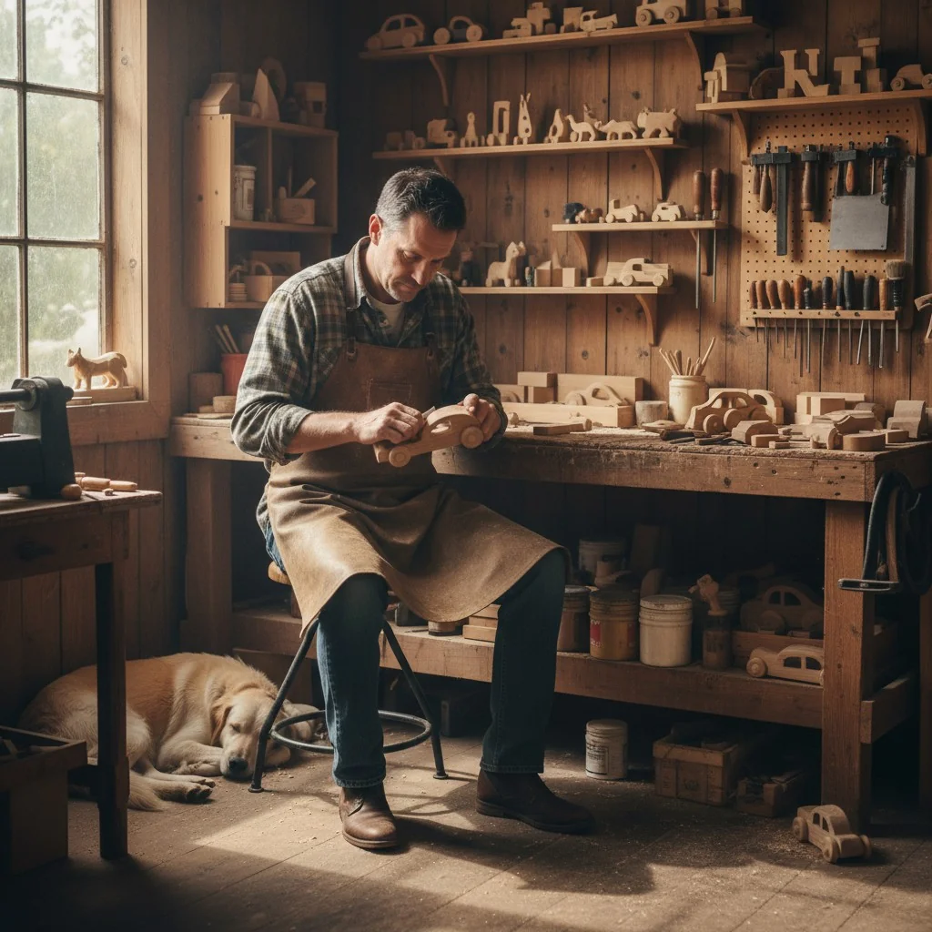 An artisan toy maker sanding a piece of wood in their workshop